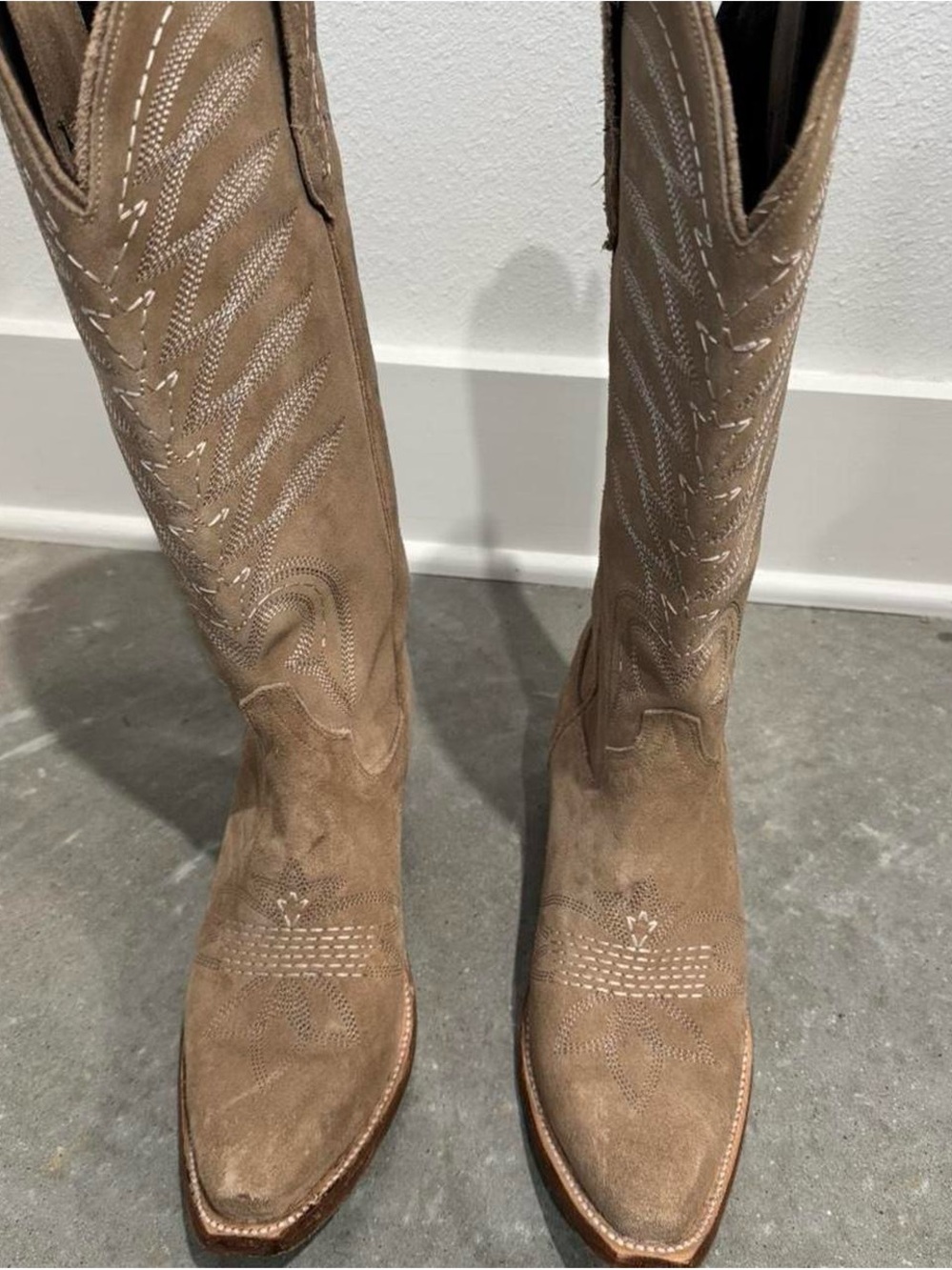 Suede Western Knee-High Boots - Taupe